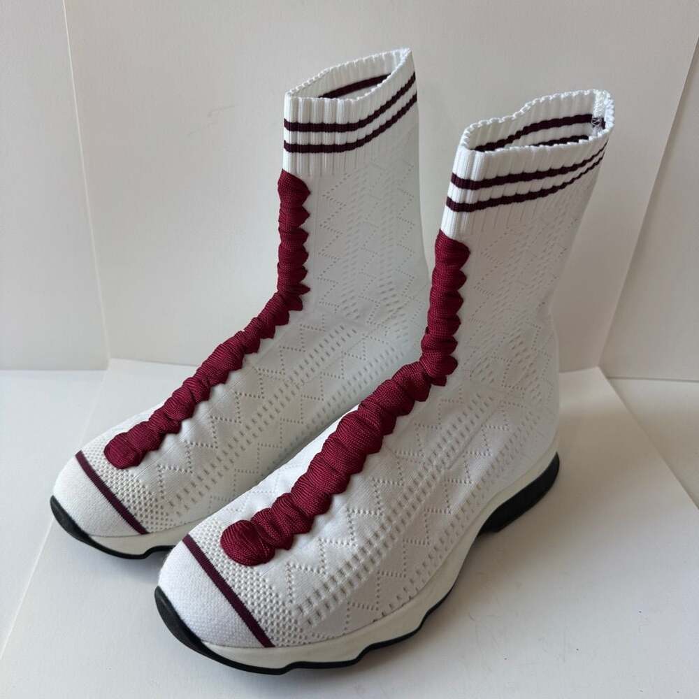 Fendi Rockoko White & Burgundy Zigzag Knit High-Top Sock Sneakers
